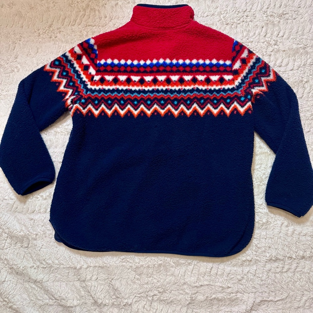 Lands’ End Women’s Large Red & Navy Fair Isle Fleece Quarter-Snap Pullover - Picture 2 of 6